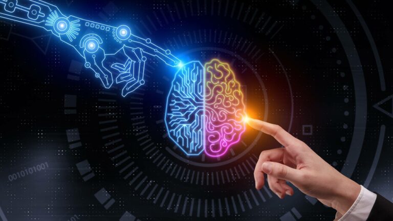 AI and human hand both touching brain