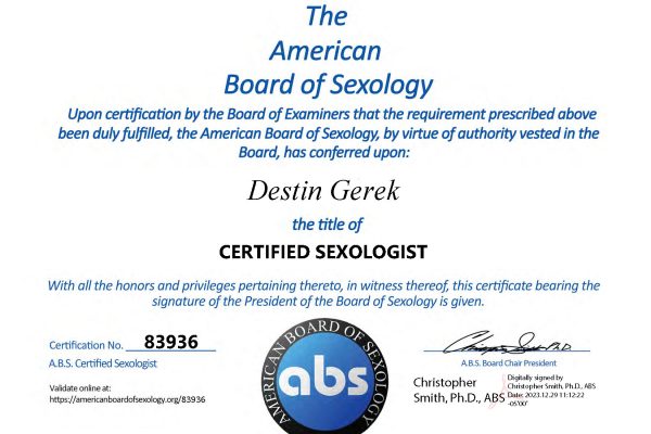 American Board of Sexology certificate: Certified Sexologist